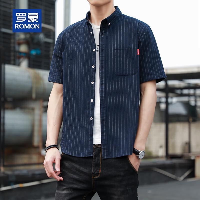 ROMON Men s Striped Short-Sleeve Wrinkle-Free Casual Shirt L