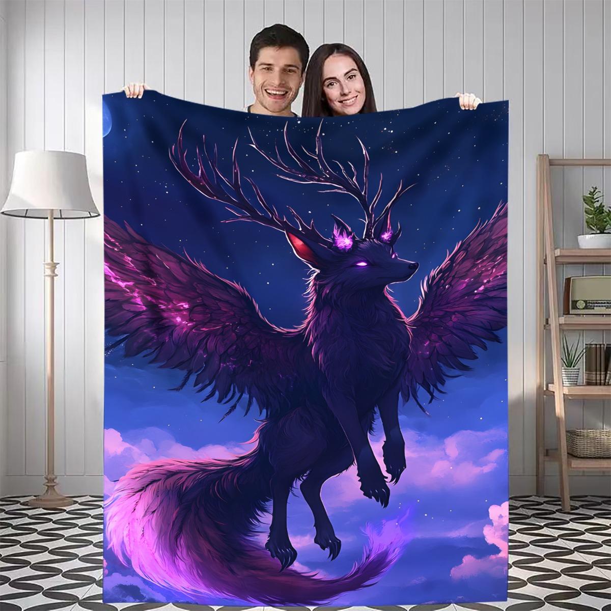 

1pc Fantasy Creature Throw Blanket - Mythical Purple Wings & Deep Blue Night Sky Design, Soft Flannel All-Season Warmth for Home 75x90cm28x35in