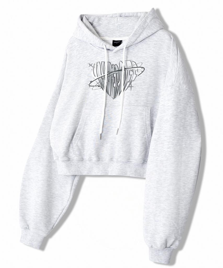 Women'S Relaxed Metallic Chrome Heart Crop Hoodie White Melange
