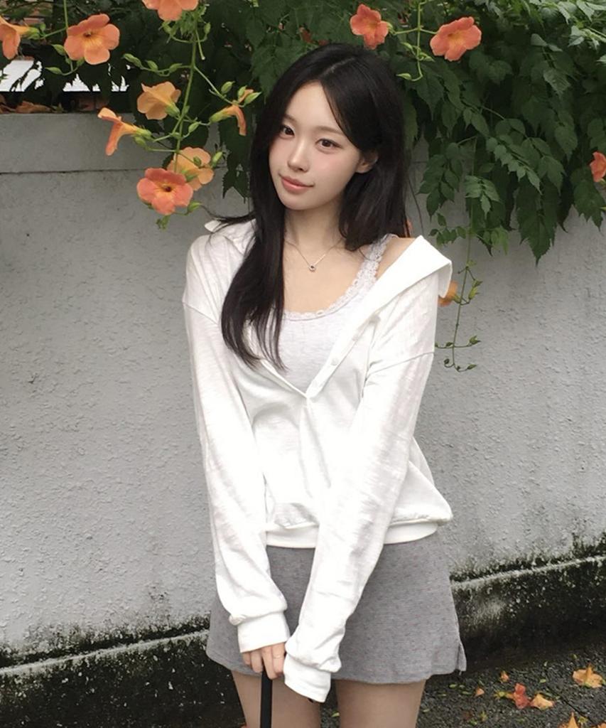 Seuteulaipeumagalin Summer Sleeve Open Button Loose Collar T-Shirt Ivory