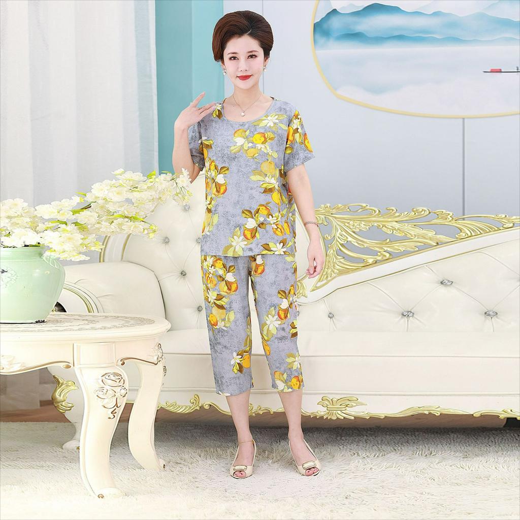 Women's Summer Suits, Casual Plus Size Artificial Cotton Short-sleeved Middle-aged Mother Pajamas, Homewear