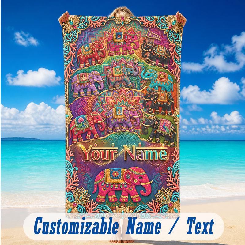 Elephant Theme Beach Towel Personalized Custom Name & Text Soft Quick Dry Beach Towel for Swimming Travel