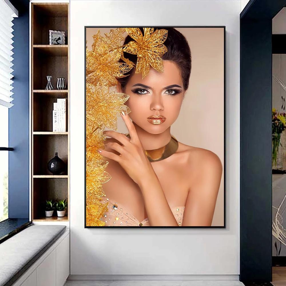 Portrait of a beautiful woman with gold flowers, canvas printing, salon, wall art decor, posters, printers, fashionable home decor,