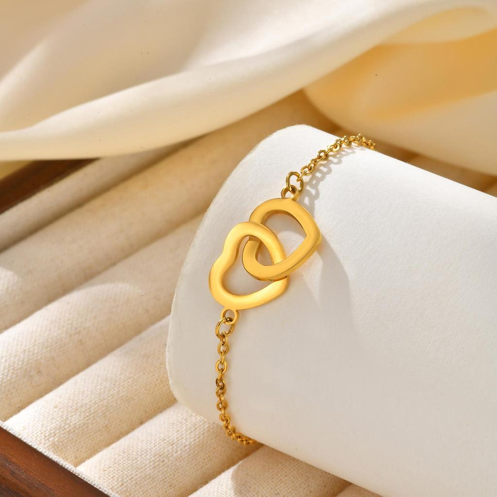 Wind Stainless Steel Plated 18K Gold Flat Cross Chain Double Heart Interlocking Bracelet Women'S Jewelry Br-2199
