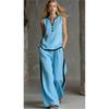 Casual Women Blocking Loose Sleeveless Button Vest Elastic Waist Wide Leg Pants Two Peice Set Summer V Neck Ladies Outfit