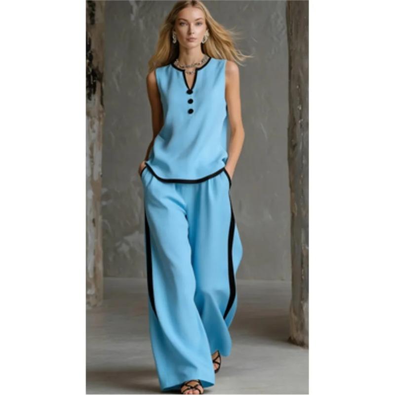 Casual Women Blocking Loose Sleeveless Button Vest Elastic Waist Wide Leg Pants Two Peice Set Summer V Neck Ladies Outfit