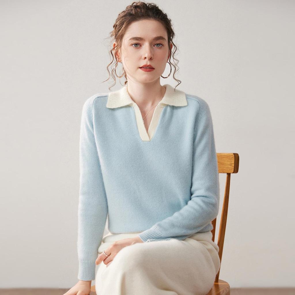 Patchwork Lapel Cashmere Sweater: Women's Slimming Knitwear Pullover