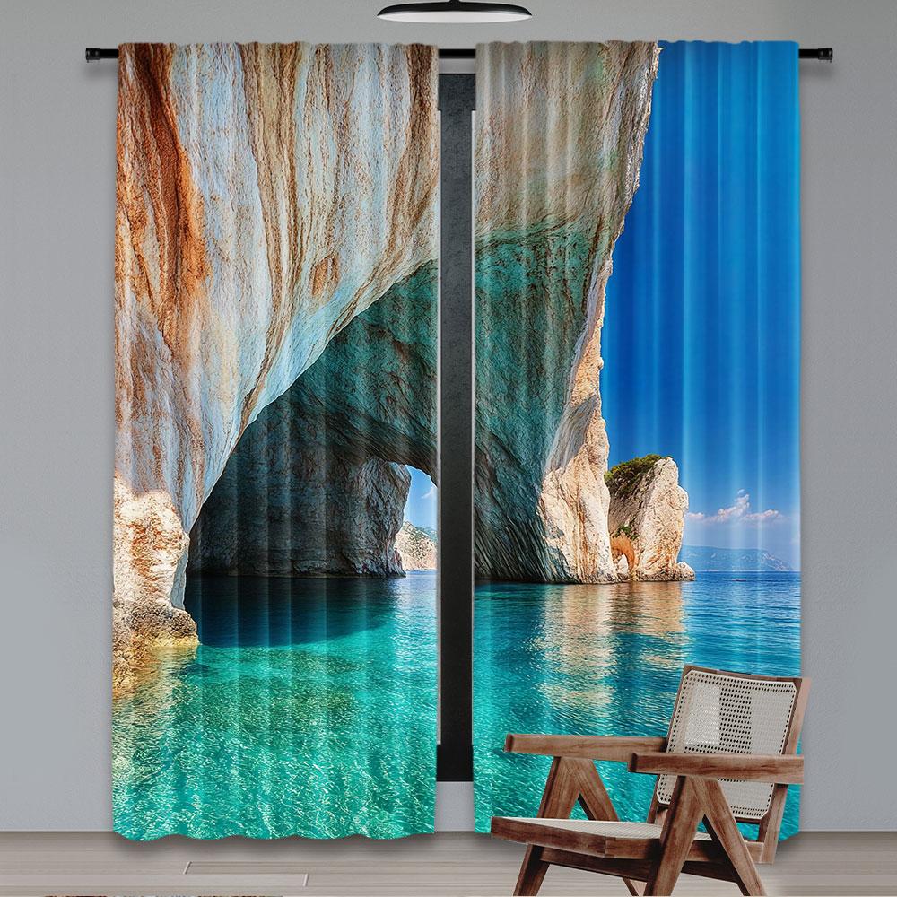 2Pcs Greece Curtains Sea Cave On Zakynthos Island Greece Vacation Relaxing Seascape Coastline For Bedroom Living Room And Dining