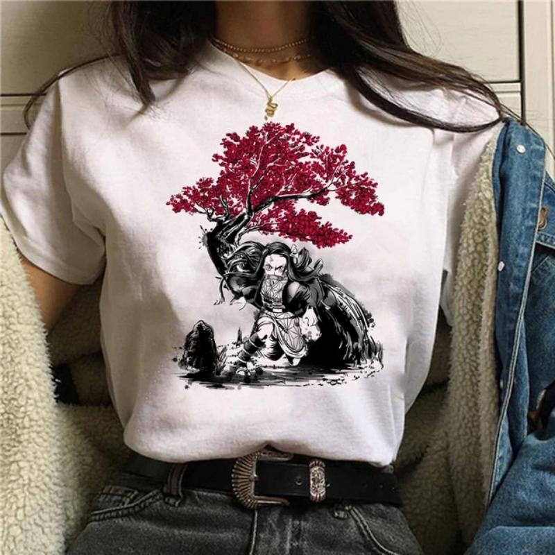 Japanese Anime T-shirt Demon Slayer Oversize Women Clothing Nezuko Kawaii Tees Tanjirou O-Neck Graphic Female Tshirt Manga Tops