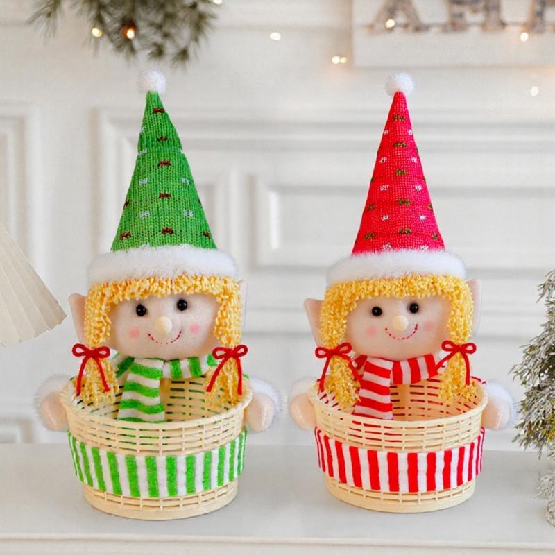 Christmas Holiday Elf Doll Candy Basket Decoration Handcrafted Fabric Ornament For Festives Home Party Table Decors