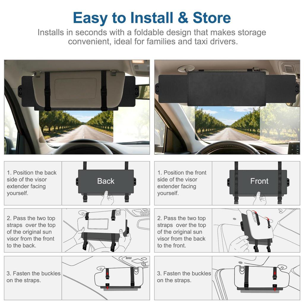 Polarized UV400 Car Sun Visor Extender, Double-Sided Shade, Three-Sided Protection