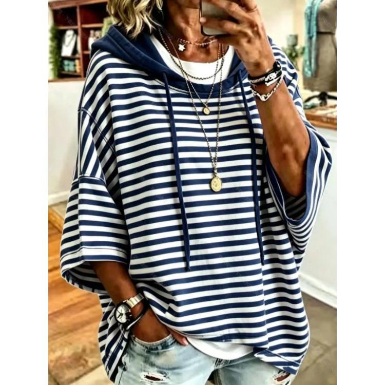Women Striped Hooded Short Sleeve Oversized T Shirt Casual Loose Color Block Tee