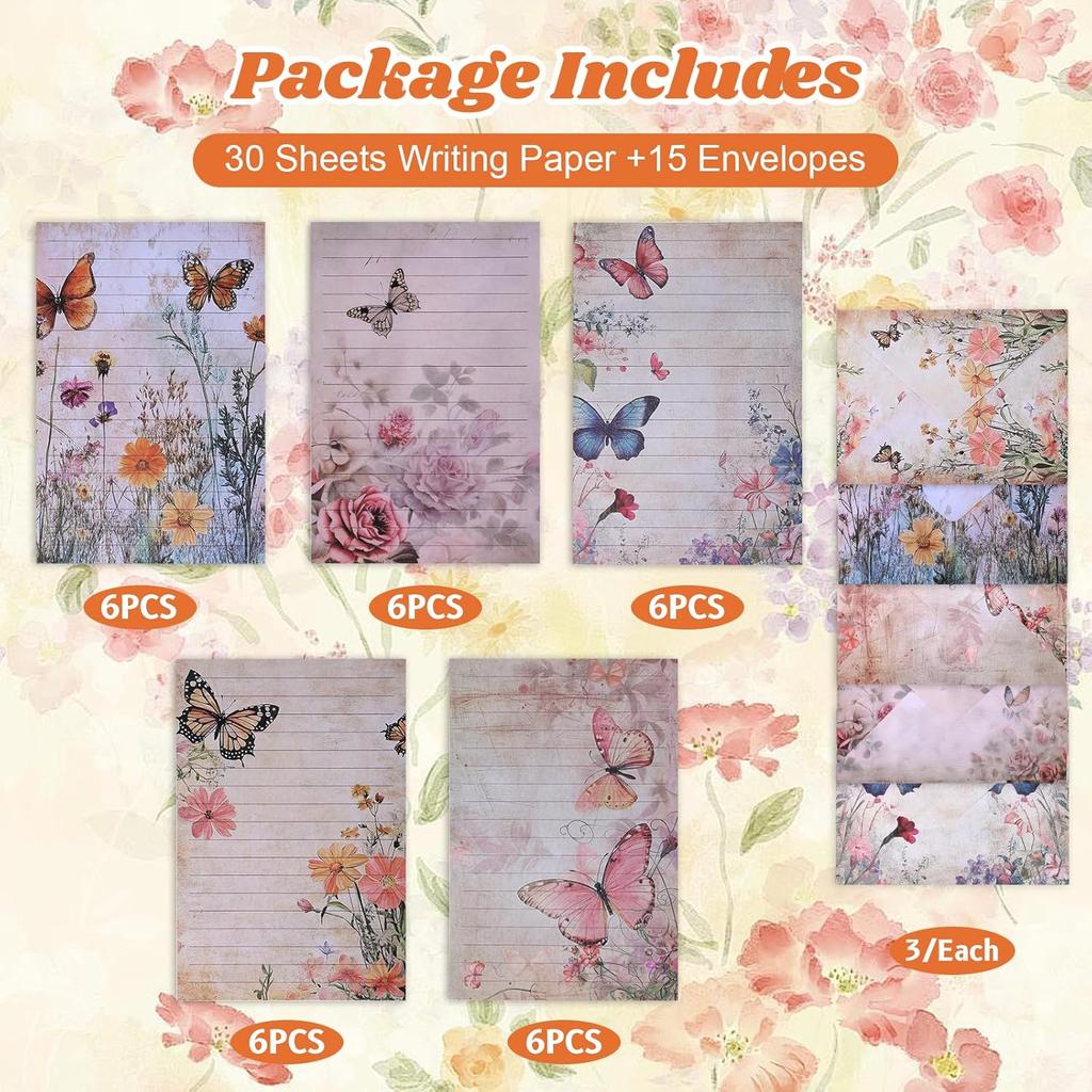 Colored Vintage Stationary Letter and Envelopes Set, Floral Butterfly Stationary Paper 30 Pcs Letter Papers 15 Pcs Colored Envelopes, 20 Round Dot