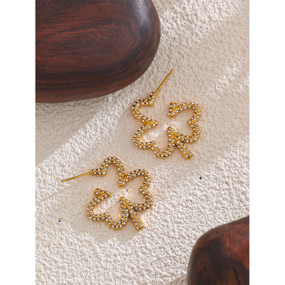 Yhpup Cubic Zirconia Flower Golden Earrings Stainless Steel Waterproof Jewelry