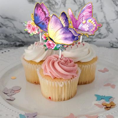 12/24pcs Butterfly Flower Cake Topper Pink Purple Fairy Butterfly Cake Decoration Girl Birthday Wedding Party Decor Supplies