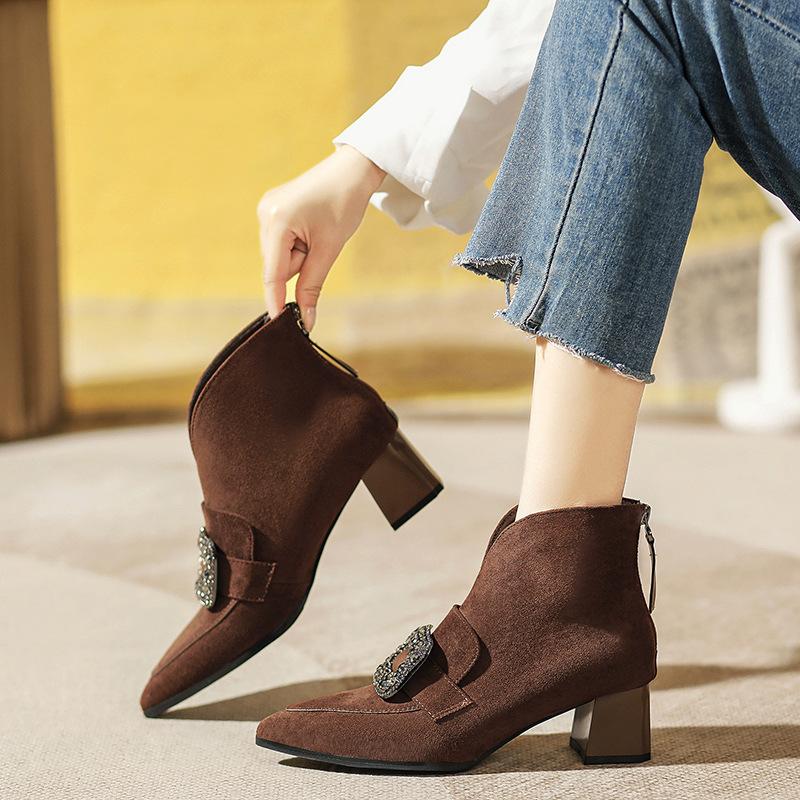 thick-heeled short boots women's new short women's boots retro v-mouth high-top shoes rhinestone square buckle pointed deep-mouth single shoes