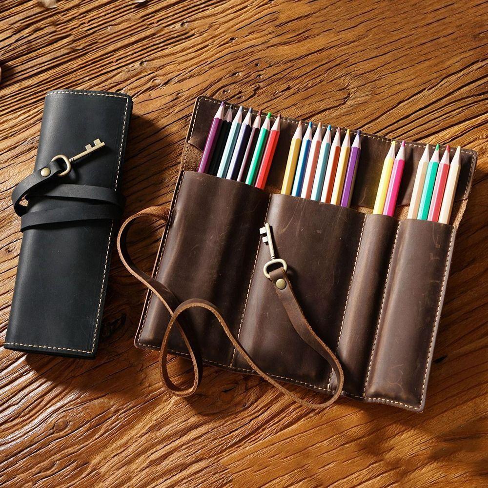 Multi-Compartment Pencil Roll Bag Cowhide Leather Vintage Cowhide Pencil Case Literary Style