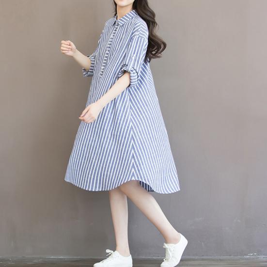 Plus Size Women Vertical Striped Loose Long Sleeve Button Down Shirt Midi Dress
