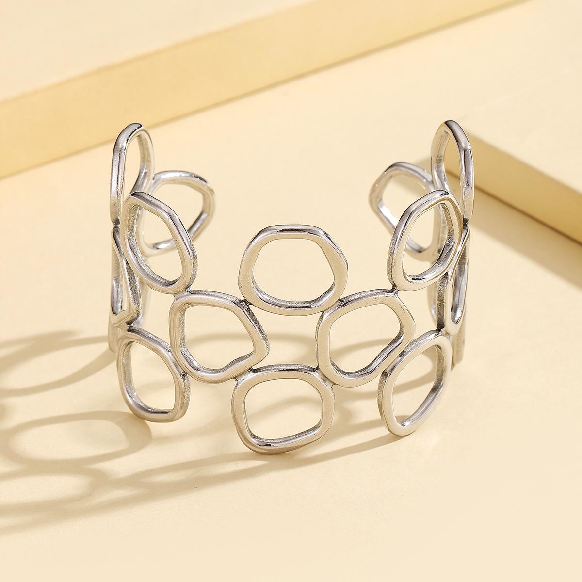European & American Stainless Steel Geometric Open Cuff Bracelet – Women s Irregular Wide C-Shaped Jewelry