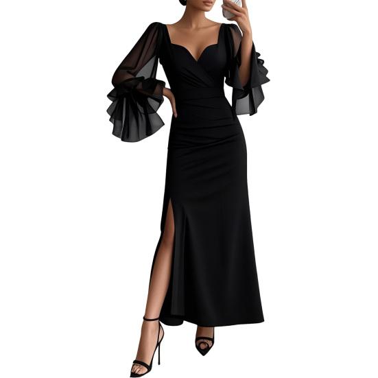 Women's V Neck Maxi Dress Sexy Mesh Long Lantern Sleeve Slit Long Evening Dress Cocktail Party Formal Gown