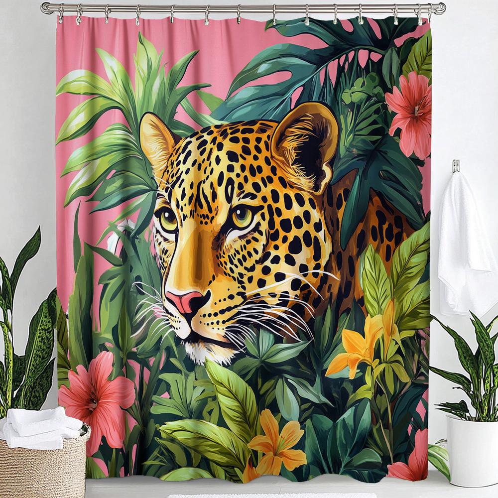 Tropical Plants, Flowers and Pink Leopards Print Waterproof Shower Curtain Hanging Curtain 12 Hooks Decoration Machine Washable