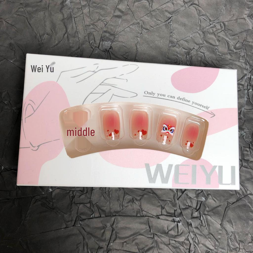 Sweetheart Pink French Heart Lion Dance Wearable Nails - Short New Year Nail Art Patches in Sweet Style