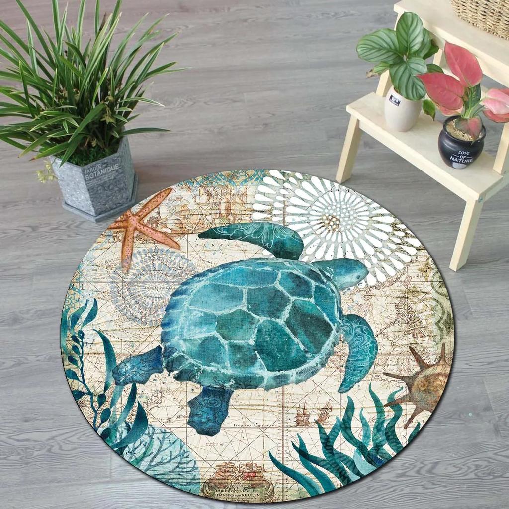 Soft Round Area Rugs Indoor Mats Sea Turtle Ocean Animal Nautical Map Unique Carpet for Living Room Bedroom Woman Yoga Mat Home