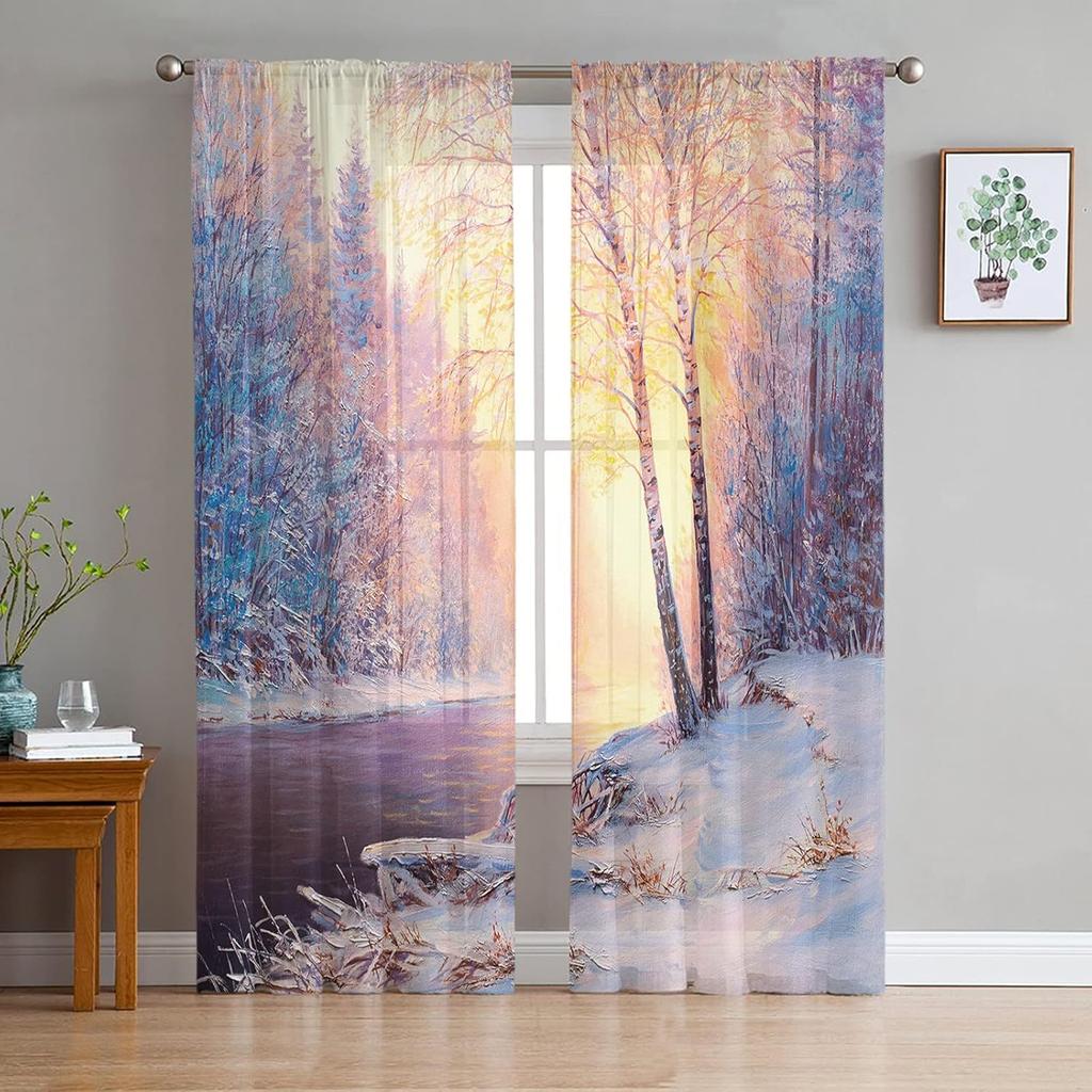 Snowing Winter Elk Christmas Tulle Curtains Living Room Decoration Bedroom Kitchen Window Treatment Sheer Made Of Polyester Area Decor