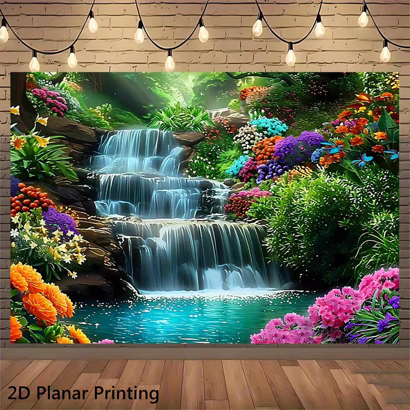 2D Tropisches Wasserfall Banner, Blumenwald Kulisse für Außen- & Gartendekoration