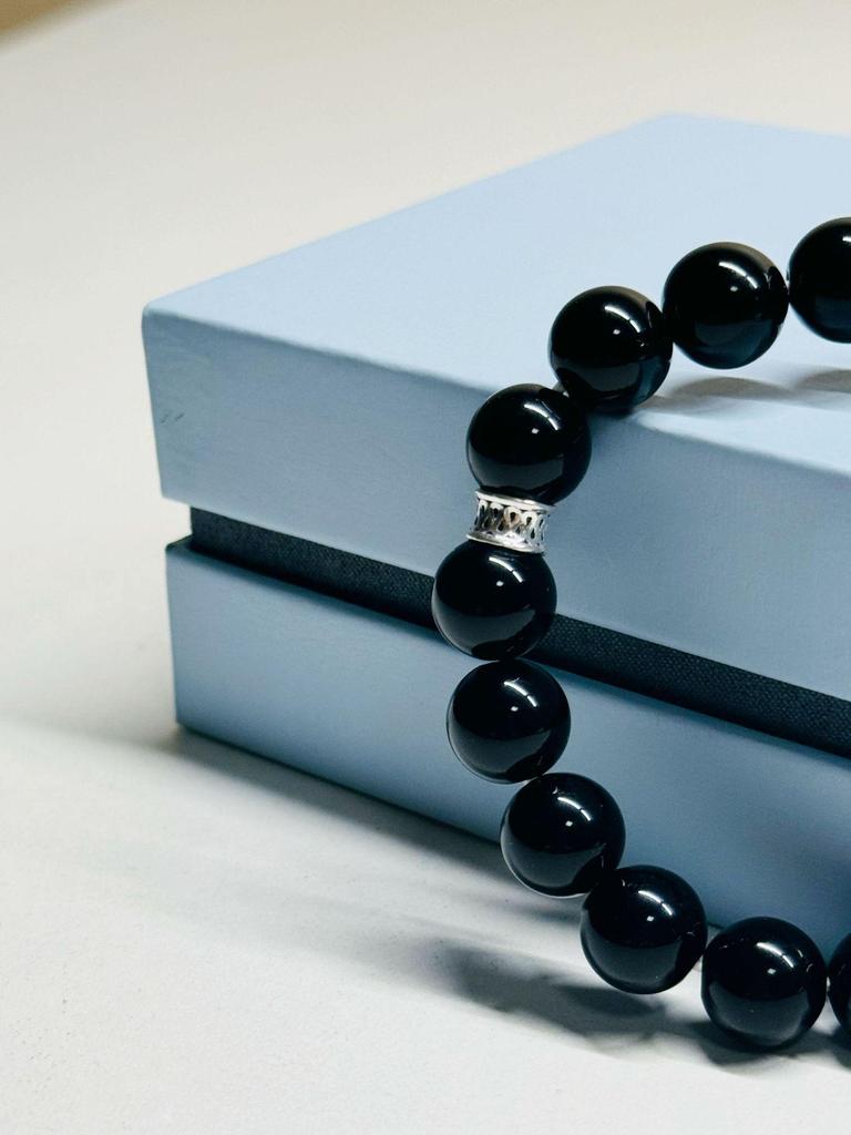 Natural Silver Obsidian Double-Layer Beaded Bracelet In S925 Sterling Silver - Simple Retro Design, Perfect for a Girl's Birthday Gift.