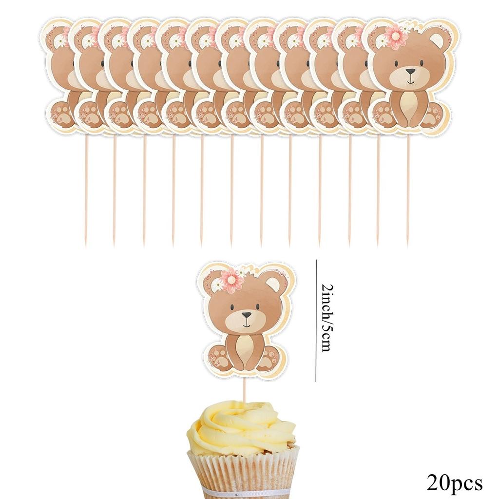 20pcs Carton Bear Cupcake Toppers Blue Pink Topper for Kids Baby Shower Bear Happy Birthday Party Decorations DIY Cake Supply