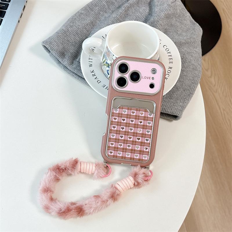 

Simple solid color mirror card bag, suitable for iPhone17ProMax grid 15 Apple 16 mobile phone case 14 love 14pro max【 6.7inch 】 рожевий