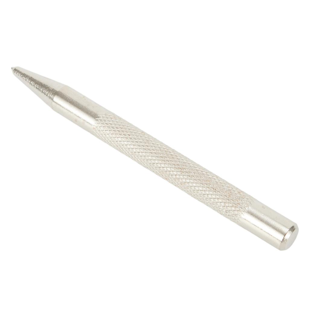 Knurled center punch tool made of hardened carbon steel for creating precise dots and marks on metal workpieces before drilling
