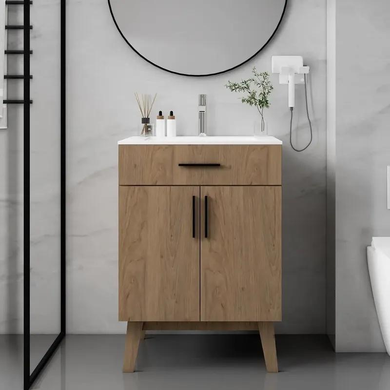Gabinete de Banheiro de 24" com Cuba, Conjunto de Gabinete com Duas Portas de Armário com Fechamento Suave, Conjunto Moderno de Gabinete Único para Banheiro, Personalizado
