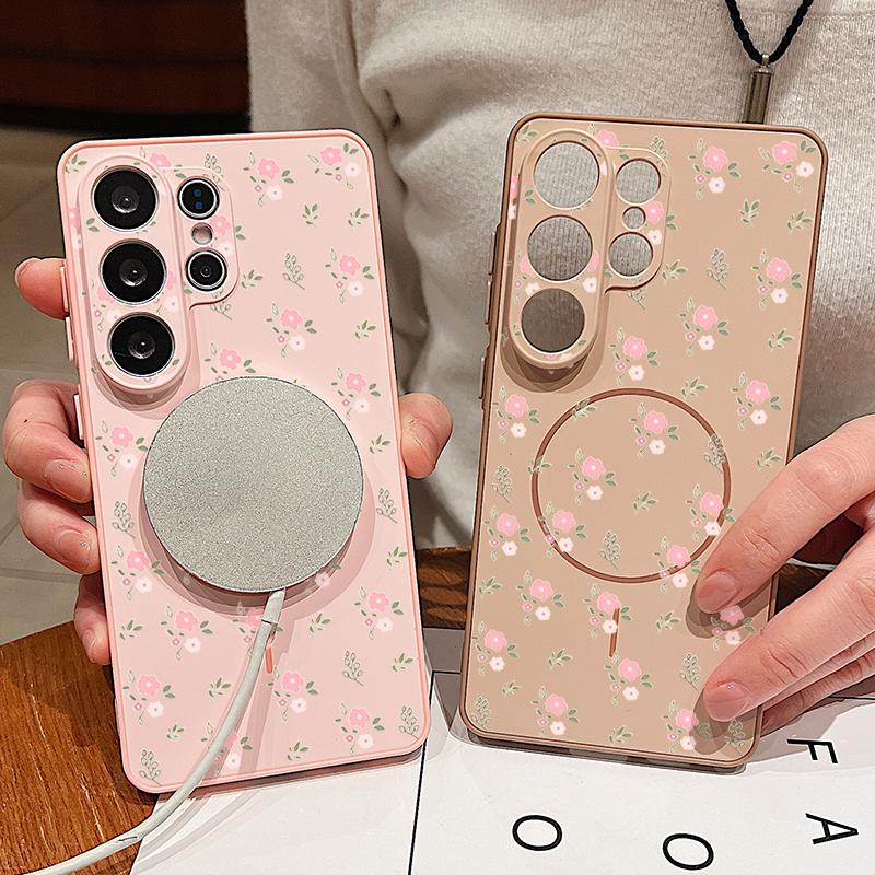 Custodia con Motivo di Fiori Rosa Per Samsung Galaxy S26 Ultra S25 Edge S24 Plus S23 FE S22 A54 A55 A56 5G Magnetica Per Magsafe Copertura Opaca