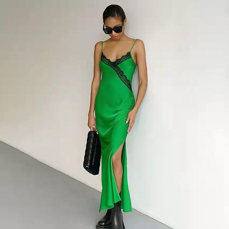 

Fashion Wind Sexy Inner Wear Base Split Dress Ice Silk Sling Lace Long Dress Sling Lace Dress Green S