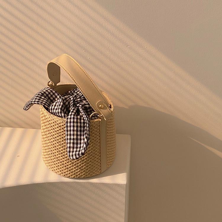 2025 Bow Plaid Straw Bucket Bag: Versatile Crossbody & Shoulder Handbag for Women