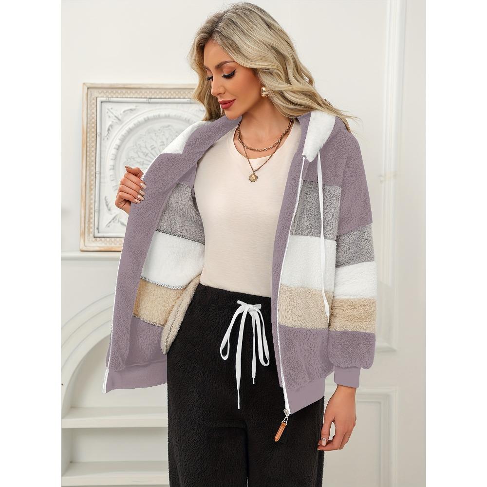 Damen Mehrfarbiger Flauschiger Kapuzenmantel, Lockere Warme Plüschjacke für Herbst Winter