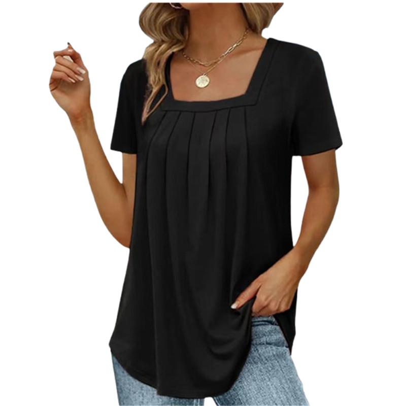T-shirt Carré Plissé Élégant d'Été pour Femme Mode Décontracté Manches Courtes Hauts Amples Féminins Sexy pour le Travail Vêtements