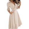 Robe Maxi à Manches Longues pour Femme Col en V Longueur Cheville Robe Longue Décontractée Robe Trapèze avec Ceinture