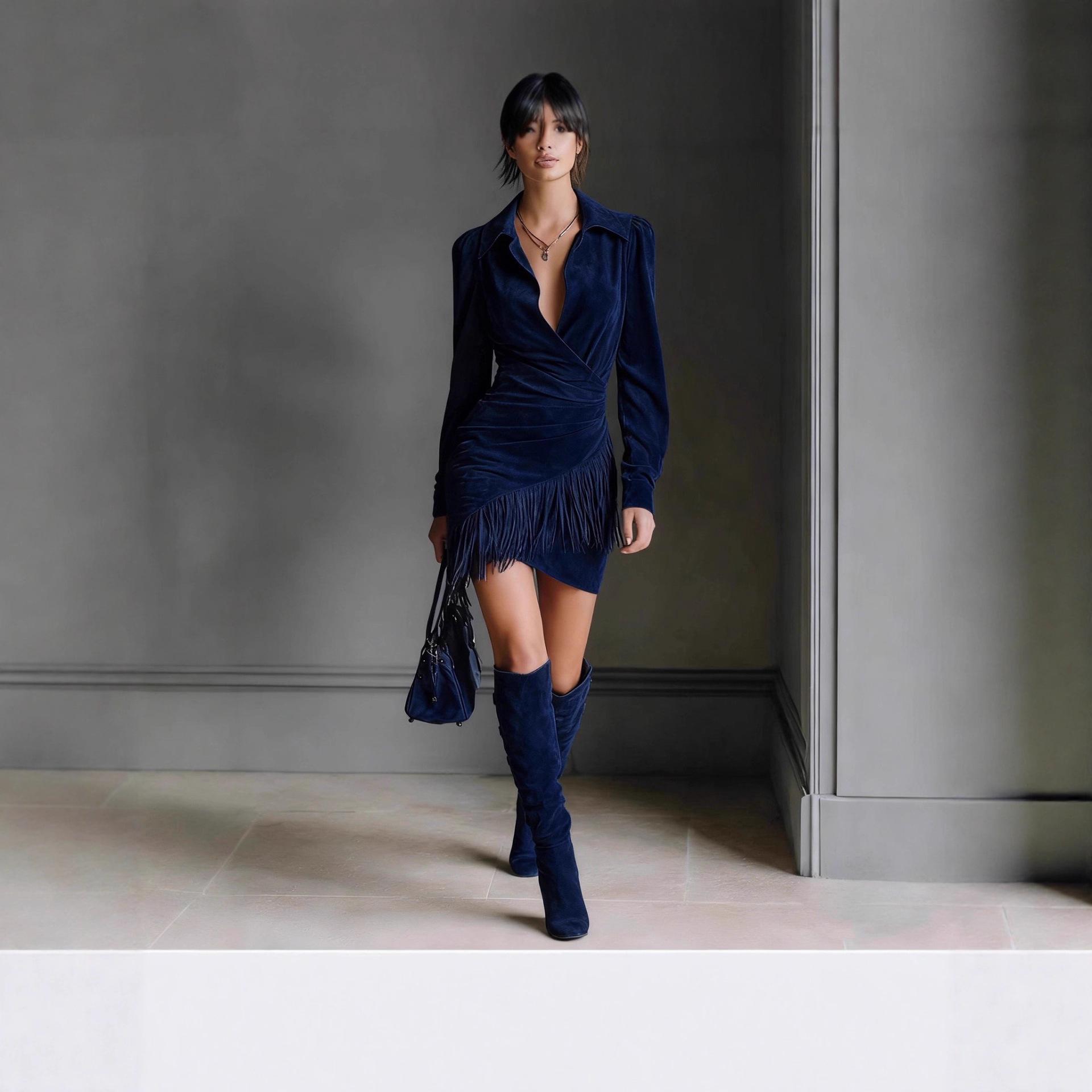 Western Cowboy Style Suede Tassel Slim Fit Long Sleeve Dress (Autumn-Winter 2025 Edition) XS