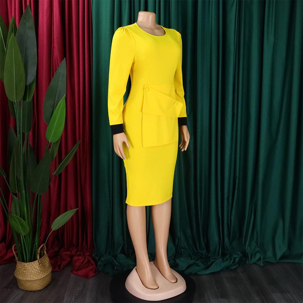 YYFS Women's Fashion Spring Fall Solid Color Print Long Sleeve O-Neck High Waist Casual Dresses