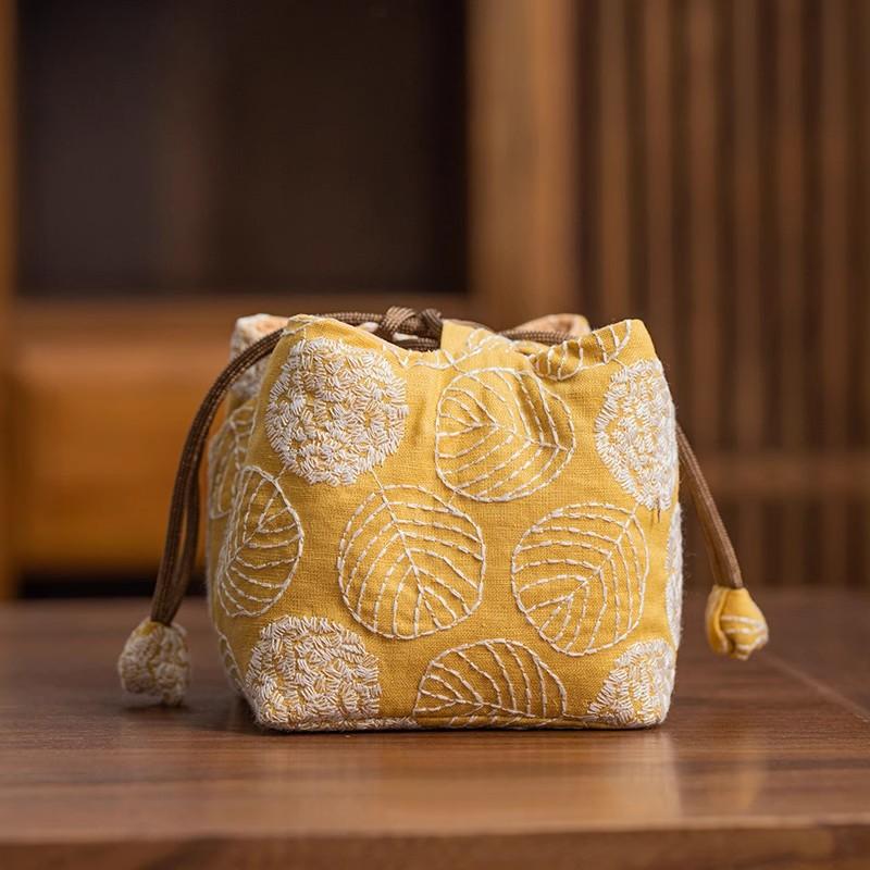 Chinese Style Cotton Linen Tea Set Storage Bag - Thickened Shockproof Pouch for Zisha Teapot/Quick Cup,  Portable Carrying Case