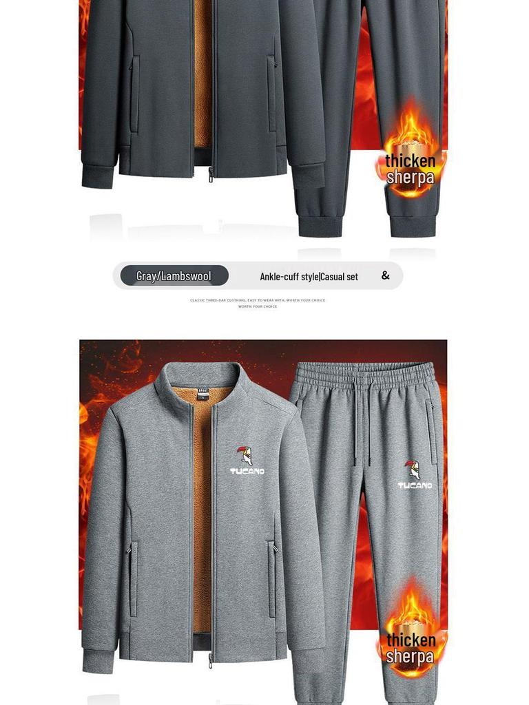 Woodpecker Men's Winter Lambswool Tracksuit Set - Stand Collar, Fleece-Lined, Loose Fit, Two-Piece