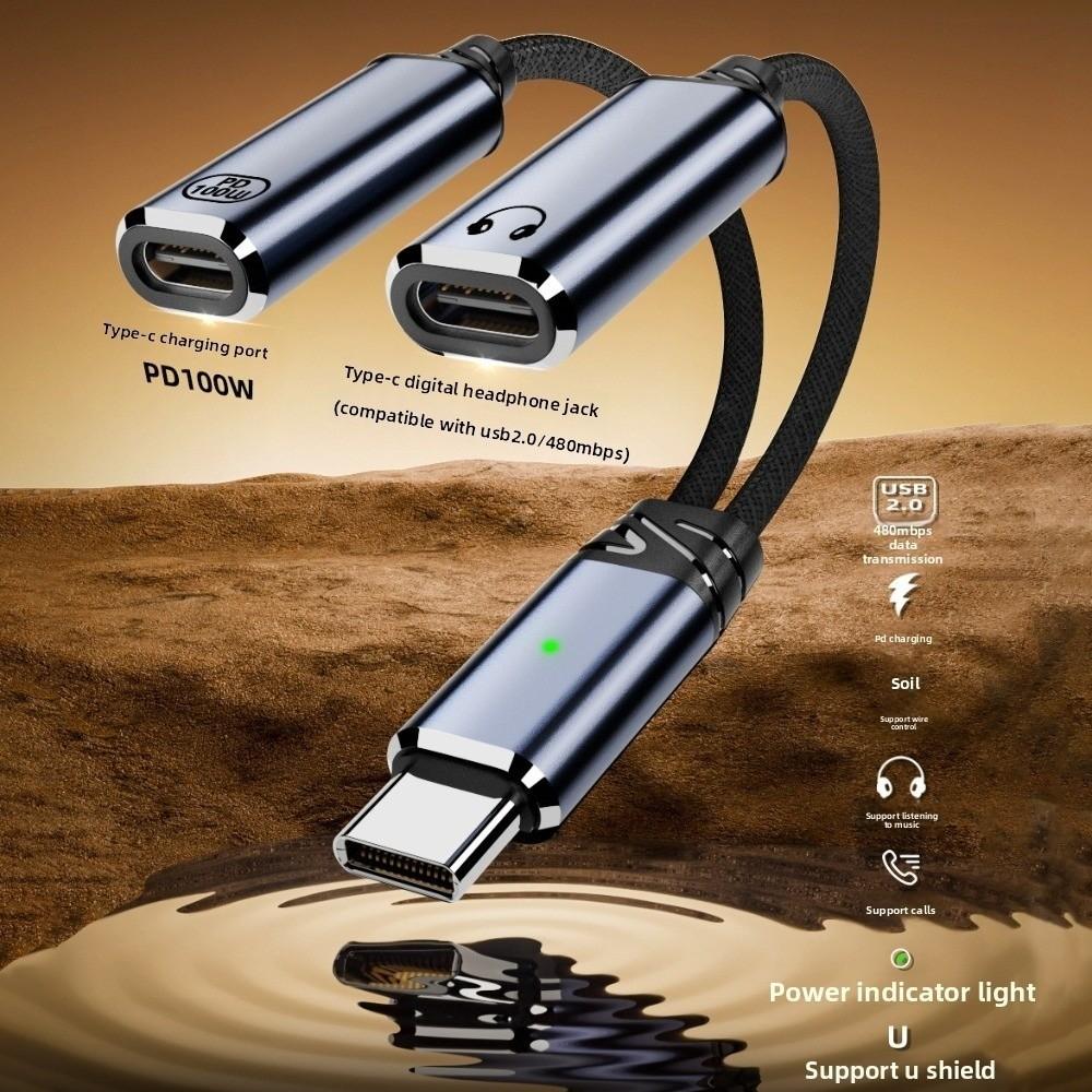 2 In 1 Design Type C Splitter Audio Cable 2-in-1 Headphone Adapter Cable  Phone Charging