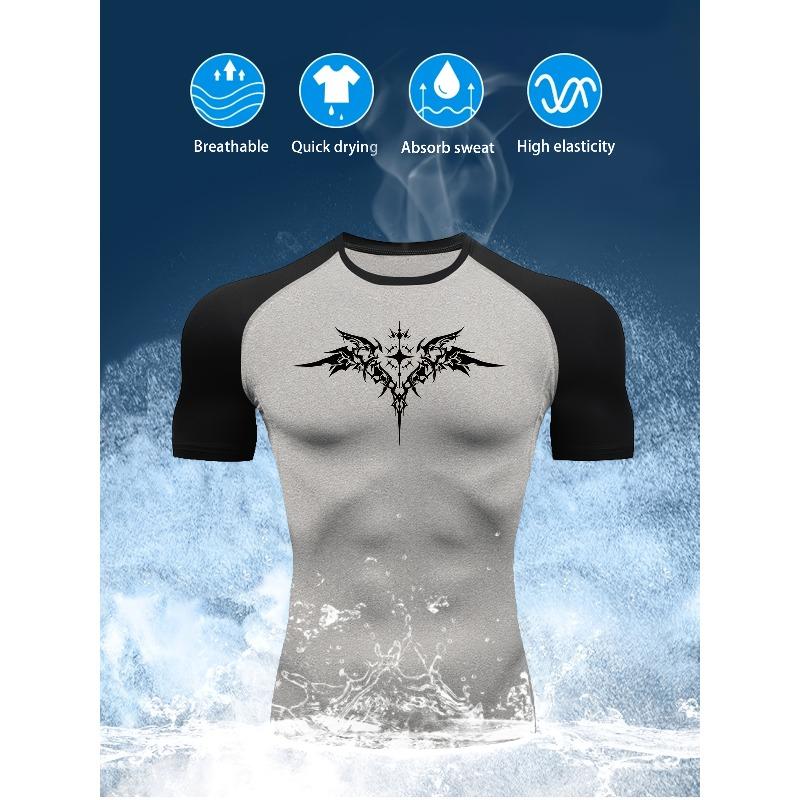 Men's Dark Tribal Tattoo Cross Compression T-Shirt Absorb Sweat for Gym Running Fitness Training