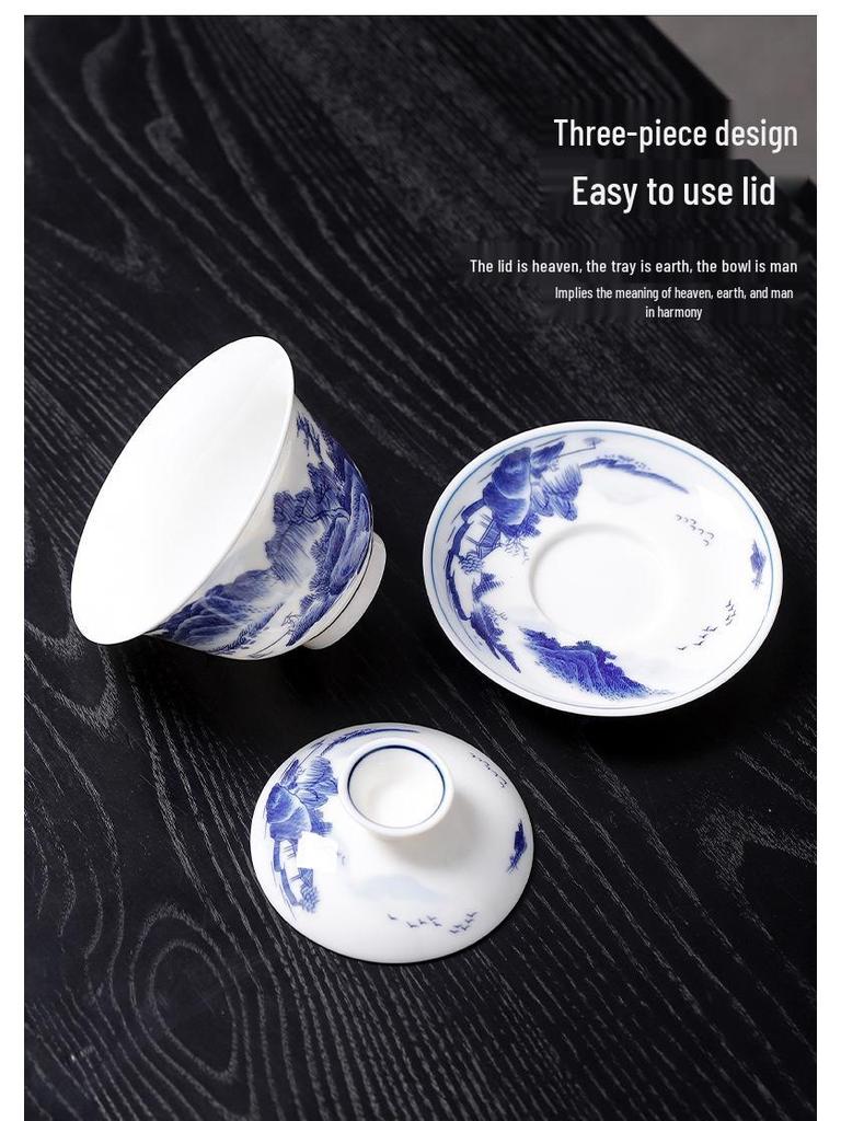 Dehua Blue & White Dragon Pattern Ceramic Tea Cup Set - Chinese Retro Kung Fu Style