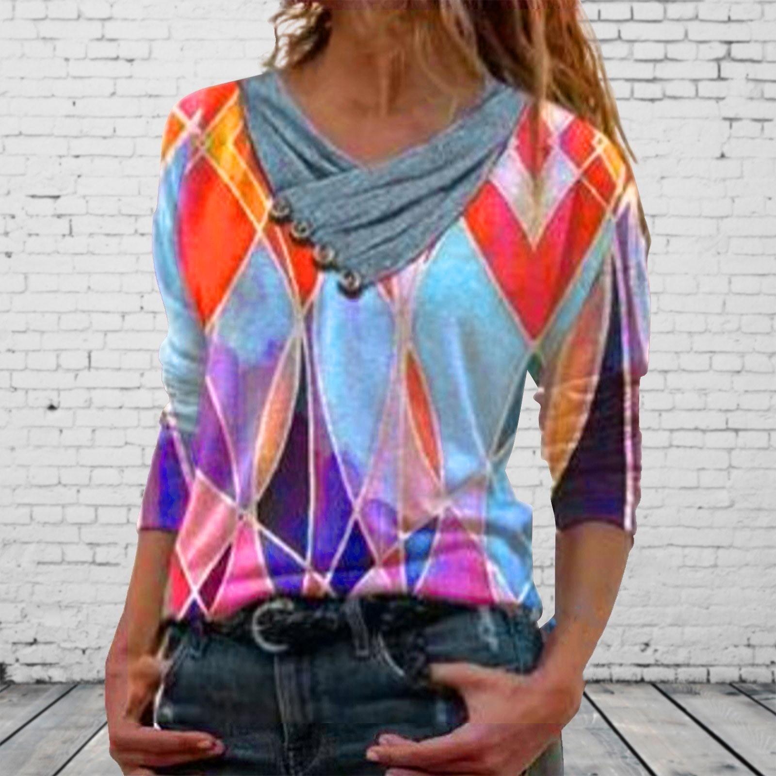 

Женская повседневная свободная футболка с v-образным вырезом и винтажным принтом, пуловер с воротником-стойкой, топ L розовый