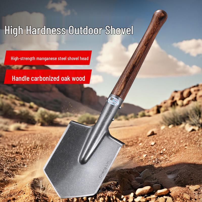 106b Polished Russian-Style Small Manganese Steel Shovel with Carbonized Green Steel and Wood Handle for Military Engineering and Outdoor Use