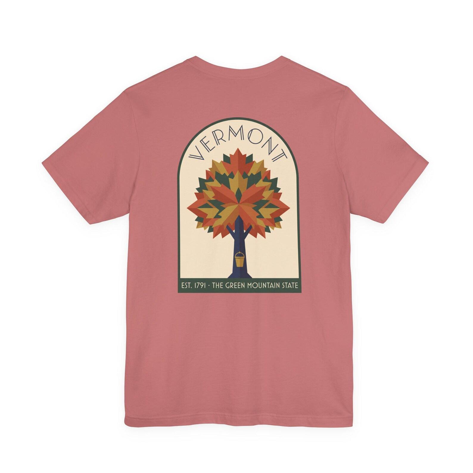 Vermont Maple Tree Art Deco T-Shirt | Retro Green Mountain State Graphic Tee | Vermont Gift XL